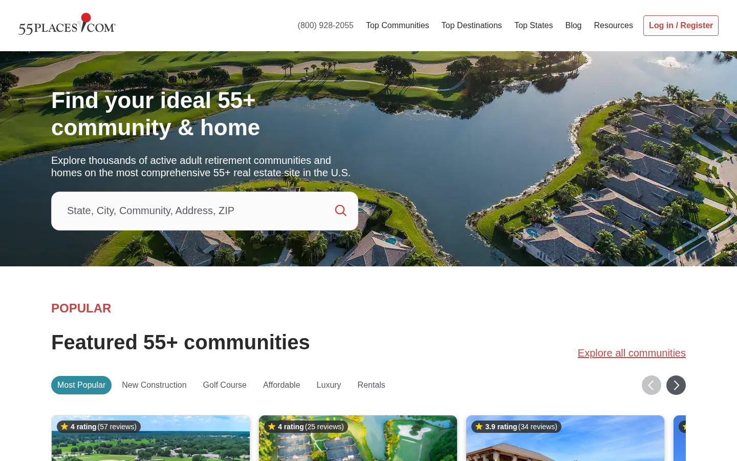 Screenshot of the 55places website homepage